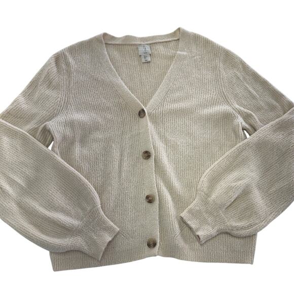 Joie Cardigan Womens Large Cream Ribbed Knit Button Up Sweater Minimalist - Picture 1 of 7